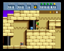 Screenshot from the Amiga version, originally announced and developed in 1994, but ultimately published two decades later in 2013. Putty Squad Screenshot.png