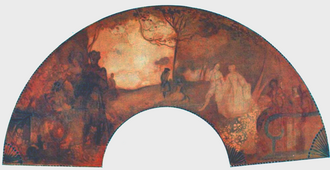 A decorated fan showing classical and 18th-century figures