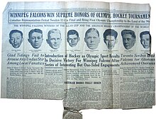 Winnipeg Free Press, April 27th, 1920 on the Olympic win. WinnipegFreePress Falcons.jpg