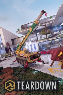 A voxel rendering of a mobile crane standing in the courtyard behind a white, three-storey mansion. Around the crane are cars, yellow ground markings, wooden plank structures, and debris. Both the mansion and the courtyard are damaged. The game's logo is at the bottom of the image, consisting of a stone plate with a gold-painted side-on view of a striking hammer on the left and the white, all-caps word "Teardown" on the right.