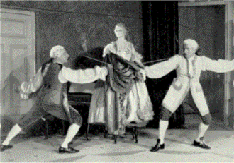 two middle-aged white men in 18th century costume fighting a duel with swords, watched by a richly-costumed woman, centre