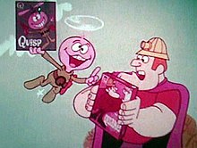 Quisp (left) and Quake characters with boxes of their respective cereals in a TV commercial Quisp and Quake.jpg