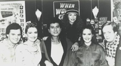 Publicity photograph of the cast ensemble for the Canned Film Festival. From left to right: Jack (F. Richards Ford), Doris (Kathryn Rossetter), Chan (Philip Nee), Laraine (Laraine Newman), Becky (Laura Galusha), and Fitzy (Patrick Garner). CFF cast.jpg