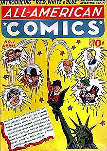 All-American Comics #1 (April 1939), launches All-American Publications. Skippy is on the Statue of Liberty's torch; Mutt and Jeff are pictured above her crown. Scribbly is at left above the text box, and two of the Toonerville Folks above him to the right. Cover art by Sheldon Mayer. All-AmericanComics1.jpg