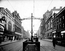 Leeds Tramway on Briggate. Trams on Briggate.jpg