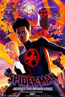 Behind Miles Morales (Spider-Man) and Gwen Stacy (Spider-Woman), various other Spider-People from the Spider-Society exit out of a portal into New York City with an image of Miguel O'Hara (Spider-Man 2099) in the background.