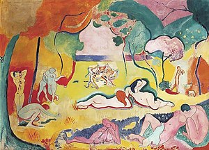 Henri Matisse, Le bonheur de vivre (1905-06), oil on canvas, 175 x 241 cm. Barnes Foundation, Merion, PA. A painting that was called Fauvist and brought Matisse both public derision and notoriety. Hilton Kramer wrote: "owing to its long sequestration in the collection of the Barnes Foundation, which never permitted its reproduction in color, it is the least familiar of modern masterpieces. Yet this painting was Matisse's own response to the hostility his work had met with in the Salon d'Automne of 1905." Bonheur Matisse.jpg