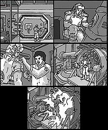 Much of Doom 3, such as this section in the Delta Labs, was planned using storyboards. Doom3storyboard.jpg