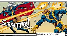 A cutscene from the single-player campaign, depicting the X-Men Storm and Cyclops. MTCGStory.jpg