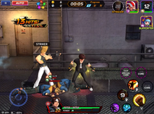 Gameplay featuring Kyo Kusanagi as playable character and Benimaru Nikaido as Striker. The bottom right options indicate what special moves he can perform. Kofallstarsgameplay.png