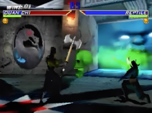 A screenshot from the game showing the newly implemented weapon system in a fight between Quan Chi and Reptile MK4 gameplay.png