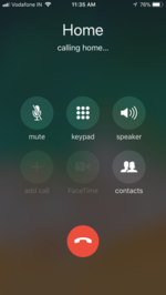 The iPhone's screen when a call is in progress, showing the FaceTime button (grayed out, middle of bottom row) IPhone calling screen.png