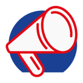 United Voices of the World Logo, depicting a red outlined white megaphone on a blue circle.