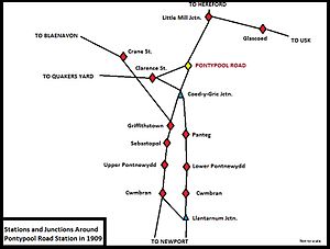 Stations and junctions near Pontypool in 1909.