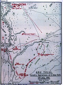 Map showing the advance of Macandrew's units at the Battle of El Hinu, with arrows delineating the flanking manoeuvre around the River Jordan
