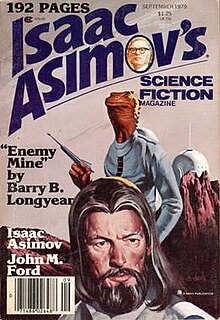 "Enemy Mine"'s first publication, in Isaac Asimov's Science Fiction Magazine, featured a cover by Vincent DiFate. Enemy Mine IASFM.jpg