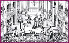 A theatrical riot at Covent Garden's Royal Theatre in 1762 over a rumored increase in ticket prices. Although drama declined in the Augustan era, it was still popular entertainment. Covent Garden 1762.gif