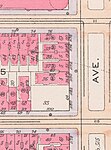 A 1916 map showing the vacant northwest corner of Park Avenue and 93rd Street, after demolition of the Ursuline Academy's school buildings, but before construction of the Francis F. Palmer House.