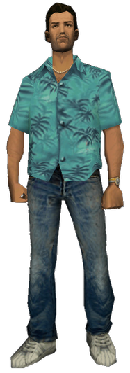 A computer generated image of a brown haired man. He wears a blue shirt with dark blue trees as the design, blue jeans and white sneakers.