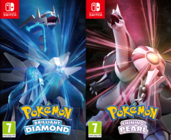 Pokémon Brilliant Diamondin ja Shining Pearlin kansikuvat. Kuvissa on Pokémon-hahmot Dialga ja Palkia.