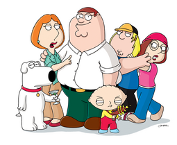 Griffinien perhe. Vasemmalta oikealle: Brian, Lois, Peter, Stewie, Chris, ja Meg.
