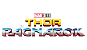 Sur une première ligne, le logo "MARVEL STUDIOS" en petit. Sur une 2e, le mot "THOR" en jaune. Sur une 3e, le mot "RAGNAROK" en bleu tirant vers le rouge en bas des lettres avec des traits horizontaux à partir de la moitié de leur hauteur.