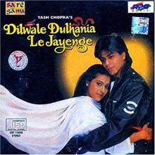 Sampul album musik tema dari film Dilwale Dulhania Le Jayenge, menampilkan latar belakang berwarna hitam dengan warna kuning di bagian kanan bawah. Pada bagian depannya terdapat seorang laki-laki berjaket hitam dengan sebuah logo di lengan kirinya, sedang memeluk seorang wanita yang mengenakan gaun putih yang sedikit terangkat. Pada bagian kiri atas, terdapat logo Saregama yang berbentuk persegi panjang, pada bagian bawah logo tersebut terdapat tulisan "Yash Chopra's Dilwale Dulhania Le Jayenge", dan pada bagian bawah tulisan tersebut terdapat logo Yash Raj Films yang berbentuk lingkaran.