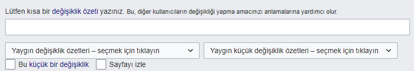 Dört satırlı bir pencere. Üst satır "Özet" diyor. İkinci satır boş bir girdi satırı. Üçüncüsünde "Küçük değişiklik" ve "Sayfayı izle" için birer onay kutusu var. Son satırda "Sayfayı kaydet", "Önizlemeyi göster", "Değişiklikleri göster" düğmeleri ve dğüme şeklinde olmayan bir "İptal" bağlantısı var.