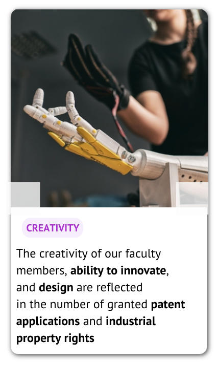 A photo presenting an artificial hand and an information: creativity of our faculty members, ability to innovate, and design are reflected in the number of granted patent applications and industrial property rights