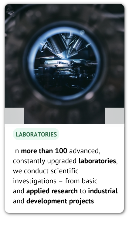 The photo of the laboratory and an information: In more than 100 advanced, constantly upgraded laboratories, we conduct scientific investigations – from basic and applied research to industrial and development projects