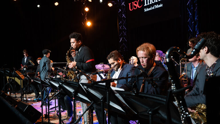 USC Thornton School of Music Jazz Band performing on stage.