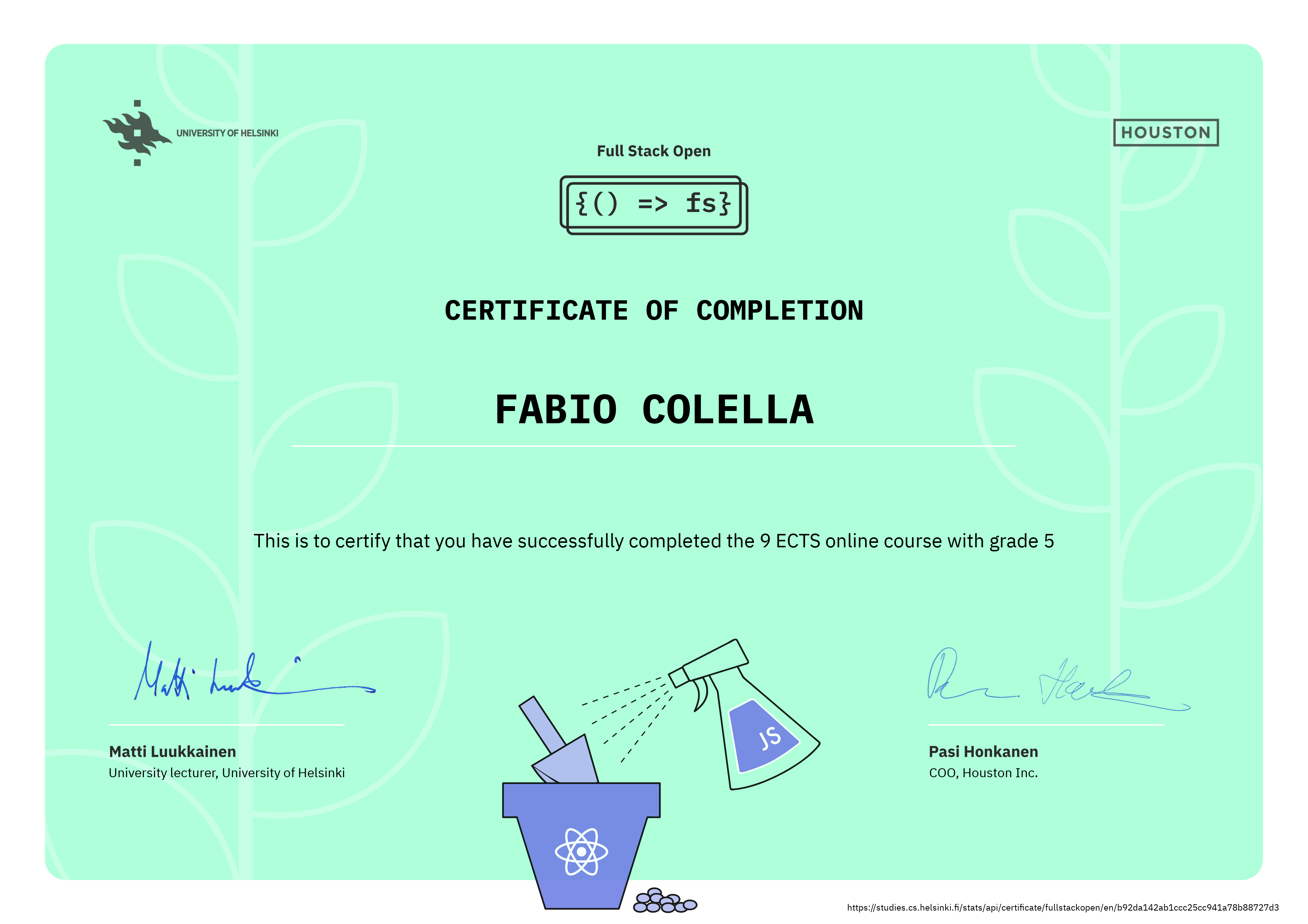 Certificate of Completion, FullStack Open 2020, with 9 credits and grade 5, code b92da142ab1ccc25cc941a78b88727d3