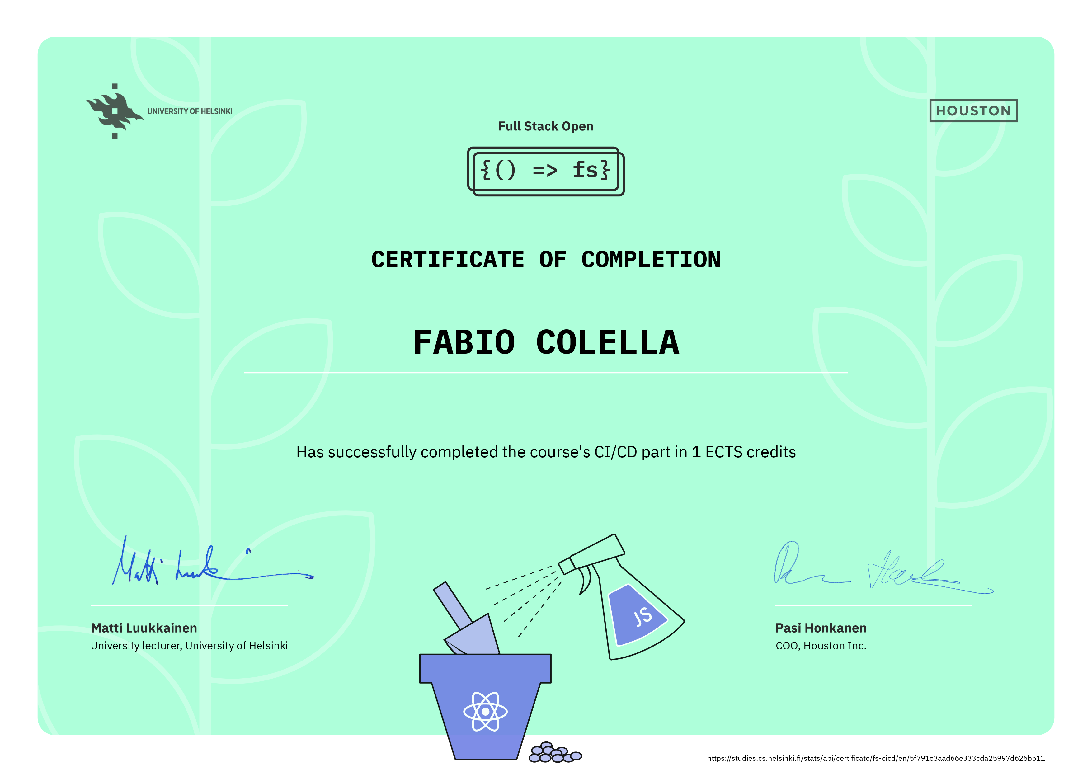 Certificate of Completion, FullStack Open 2020 CI/CD, with grade 5, code 5f791e3aad66e333cda25997d626b511