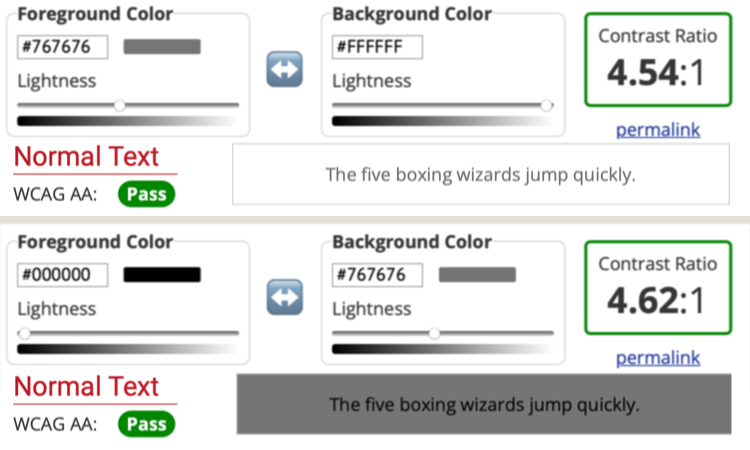 WCAG 2 three Way Contrast - notice the darker pair is much less readable than the lighter pair