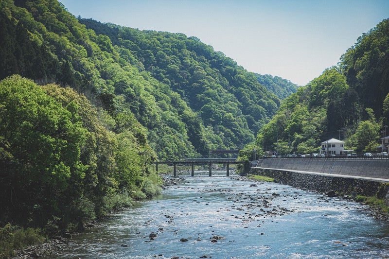 山沿いの川と橋の写真