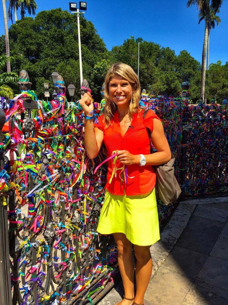 Lembrança do Senhor do Bonfim da Bahia bracelets outside the patron saint’s church in Salvador: translated it roughly means In Remembrance of the Savior of Bahia or Souvenir from the God of Bahia 