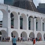 The Carioca Aqueduct in front of the Metropolitan Cathedral of Rio de Janeiro, two highly contrasting styles in Lapa