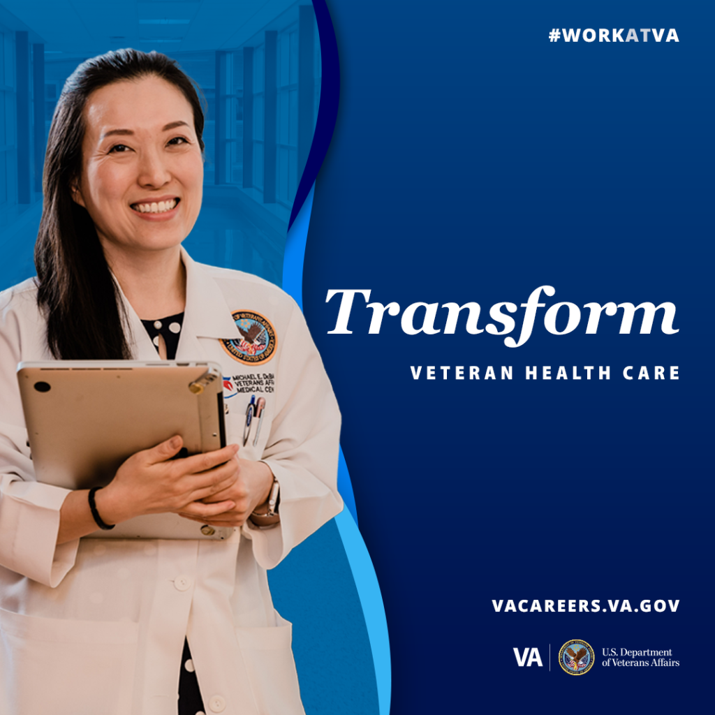 Transform Veteran health care social media graphic featuring a doctor smiling and holding a laptop.