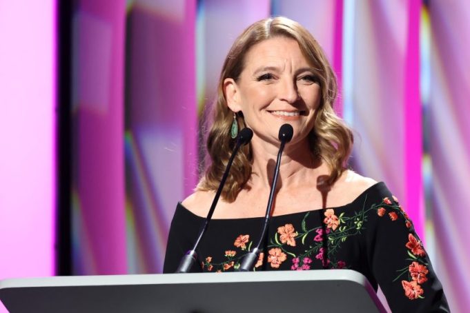 LOS ANGELES, CALIFORNIA - MARCH 05: WGAW President Meredith Stiehm speaks onstage during the 2023 Writers Guild Awards West Coast Ceremony at Fairmont Century Plaza on March 05, 2023 in Los Angeles, California. (Photo by Amy Sussman/Getty Images for WGAW)