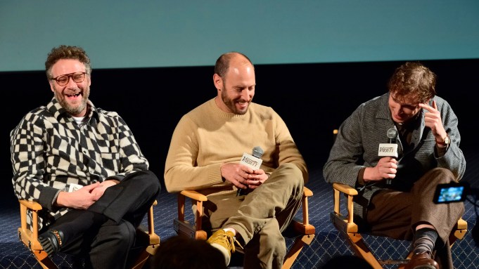 LOS ANGELES, CALIFORNIA - DECEMBER 14: (L-R) Seth Rogen, Evan Goldberg and Director Jeff Rowe attend 2023-2024 Variety Artisan Screening Series Presents "Teenage Mutant Ninja Turtles" at The Sherry Lansing Theatre on December 14, 2023 in Los Angeles, California. (Photo by Jerod Harris/Variety via Getty Images)