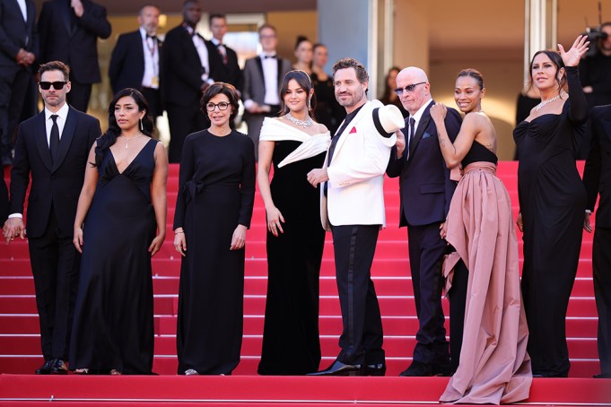 CANNES, FRANCE - MAY 18: (L-R) Clément Ducol, Adriana Paz, Rachida Dati, Selena Gomez, Édgar Ramírez, Jacques Audiard, Zoe Saldana and Karla Sofía Gascón attend the "Emilia Perez" Red Carpet at the 77th annual Cannes Film Festival at Palais des Festivals on May 18, 2024 in Cannes, France. (Photo by Andreas Rentz/Getty Images)