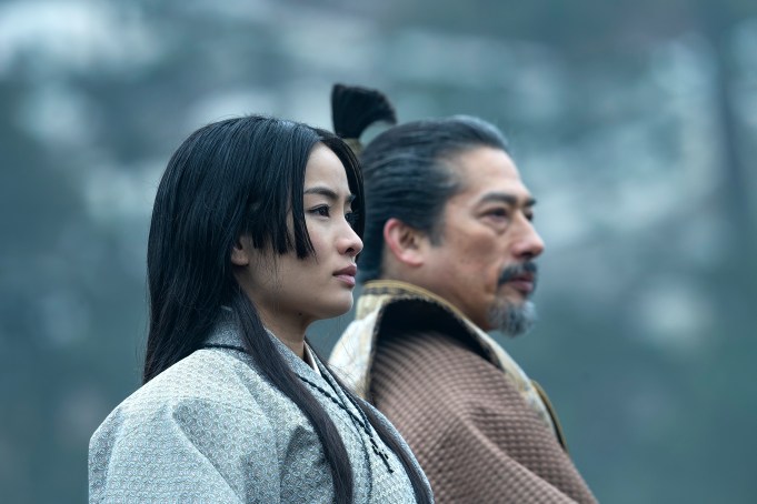 “SHOGUN” --  "Broken to the Fist" -- Episode 5 (Airs March 19)  Pictured (L-R):  Anna Sawai as Toda Mariko,  Hiroyuki Sanada as Yoshii Toranaga.  CR: Katie Yu/FX