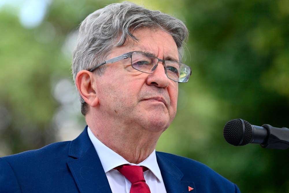 La France Insoumise leader Jean-Luc Melenchon attends a meeting in support of 2024 legislative elections candidates French leftist party La France Insoumise (LFI) deputy Nathalie Oziol (unseen) and French leftist La France Insoumise (LFI) party member of parliament Sylvain Carriere (unseen) in Montpellier southern France on June 23, 2024. (Photo by Sylvain THOMAS / AFP) (Photo by SYLVAIN THOMAS/AFP via Getty Images)