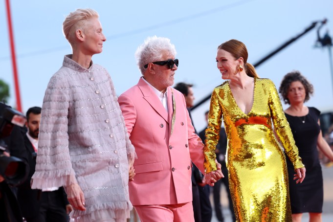 VENICE, ITALY - SEPTEMBER 02: (L-R) Tilda Swinton, Pedro Almodovar and Julianne Moore attend the "The Room Next Door" red carpet during the 81st Venice International Film Festival on September 02, 2024 in Venice, Italy. (Photo by Vittorio Zunino Celotto/Getty Images)