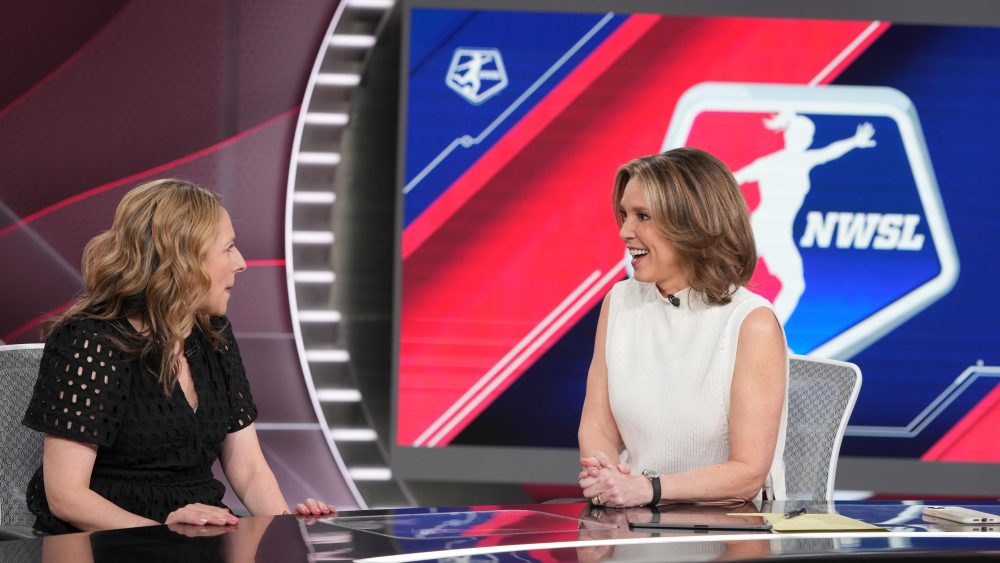 Bristol, CT - April 1, 2024 - Studio X: Jessica Berman, commissioner of the National Women's Soccer League (NWSL) and Hannah Storm on the set of SportsCenter. (Photo by Melissa Rawlins / ESPN Images)