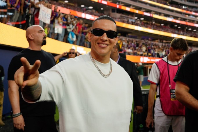 INGLEWOOD, CALIFORNIA - JULY 26:  Latin rapper Daddy Yankee attends the pre-season friendly match between Arsenal and Barcelona at SoFi Stadium on July 26, 2023 in Inglewood, California. (Photo by Kevork Djansezian/Getty Images)