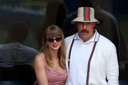 NEW YORK, NEW YORK - SEPTEMBER 08:  Singer-songwriter Taylor Swift and Travis Kelce of the Kansas City Chiefs attend the Men's Singles Final match between Taylor Fritz of the United States and Jannik Sinner of Italy on Day Fourteen of the 2024 US Open at USTA Billie Jean King National Tennis Center on September 08, 2024 in the Flushing neighborhood of the Queens borough of New York City. (Photo by Jamie Squire/Getty Images)