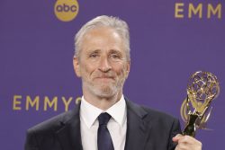 LOS ANGELES, CALIFORNIA - SEPTEMBER 15: Jon Stewart, winner of the Outstanding Talk Series for “The Daily Show”, poses in the press room during the 76th Primetime Emmy Awards at Peacock Theater on September 15, 2024 in Los Angeles, California.  (Photo by Frazer Harrison/Getty Images)