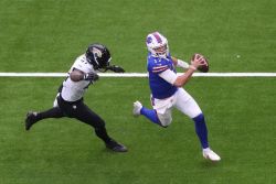 LONDON, ENGLAND - OCTOBER 08: Josh Allen #17 of the Buffalo Bills avoids Josh Allen #41 of the Jacksonville Jaguars in the second Quarter during the NFL Match between Jacksonville Jaguars and Buffalo Bills at Tottenham Hotspur Stadium on October 08, 2023 in London, England. (Photo by Henry Browne/Getty Images)