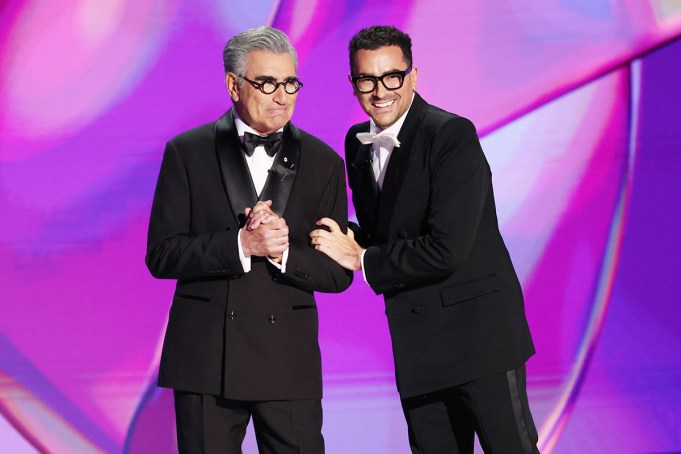 Eugene Levy and Daniel Levy at the 76th Primetime Emmy Awards held at Peacock Theater on September 15, 2024 in Los Angeles, California.